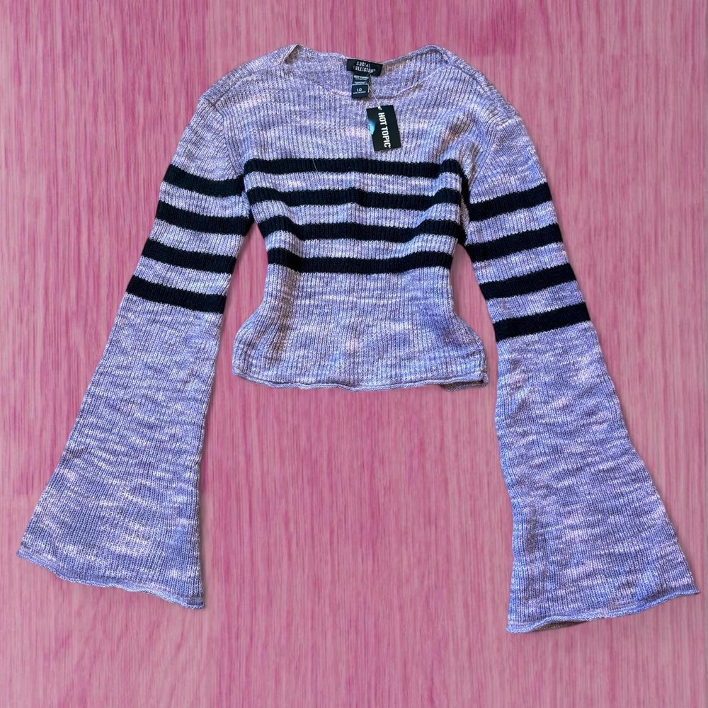 social collision deadstock purple and black striped cropped bell sleeve sweater